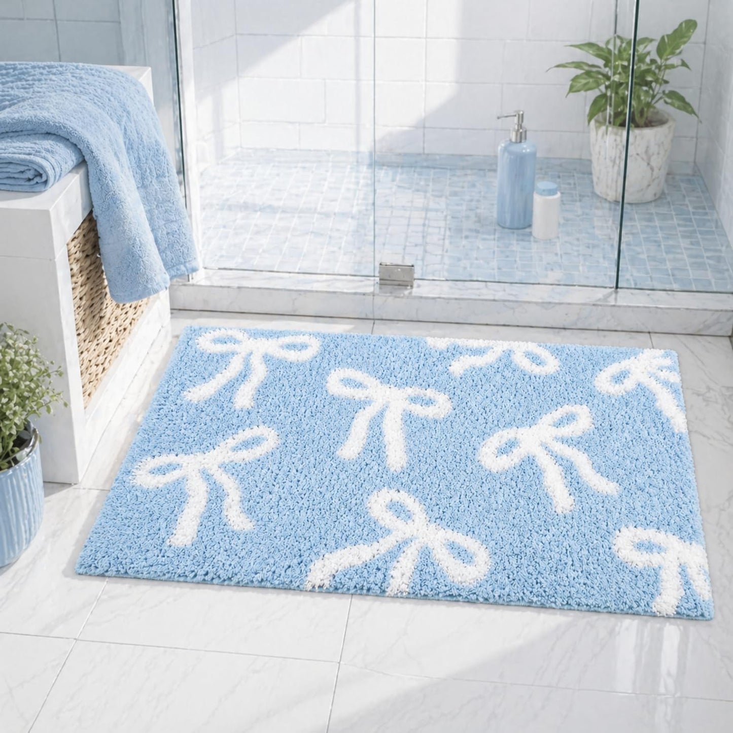 Tinideya Blue Bow Bathroom Rug 20 x 32 Inch Coquette Bath Mat Non Slip Absorbent Microfiber Floor Mat Machine Washable Cute Bow Rug for College Dorm Vanity Bedroom Bathroom Decor