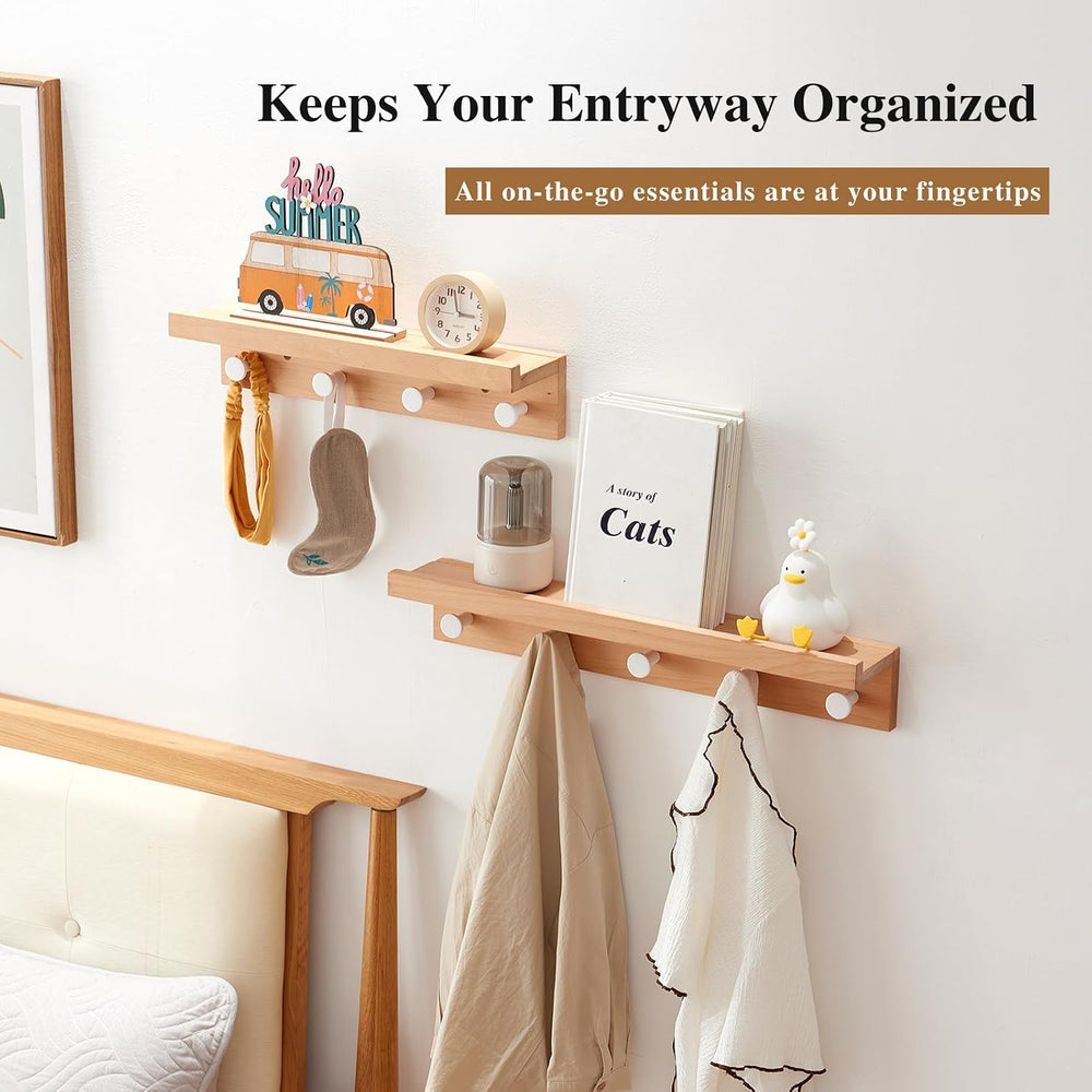 Wall Hooks with Shelf 24 inch, Beech Wood Entryway Wall with 5 Hooks, Floatin...