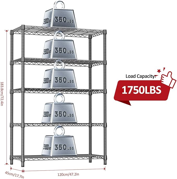 IZEUK 5-Tier Heavy Duty Metal Storage Shelving Unit, Adjustable Steel Wire Rack - Image 3