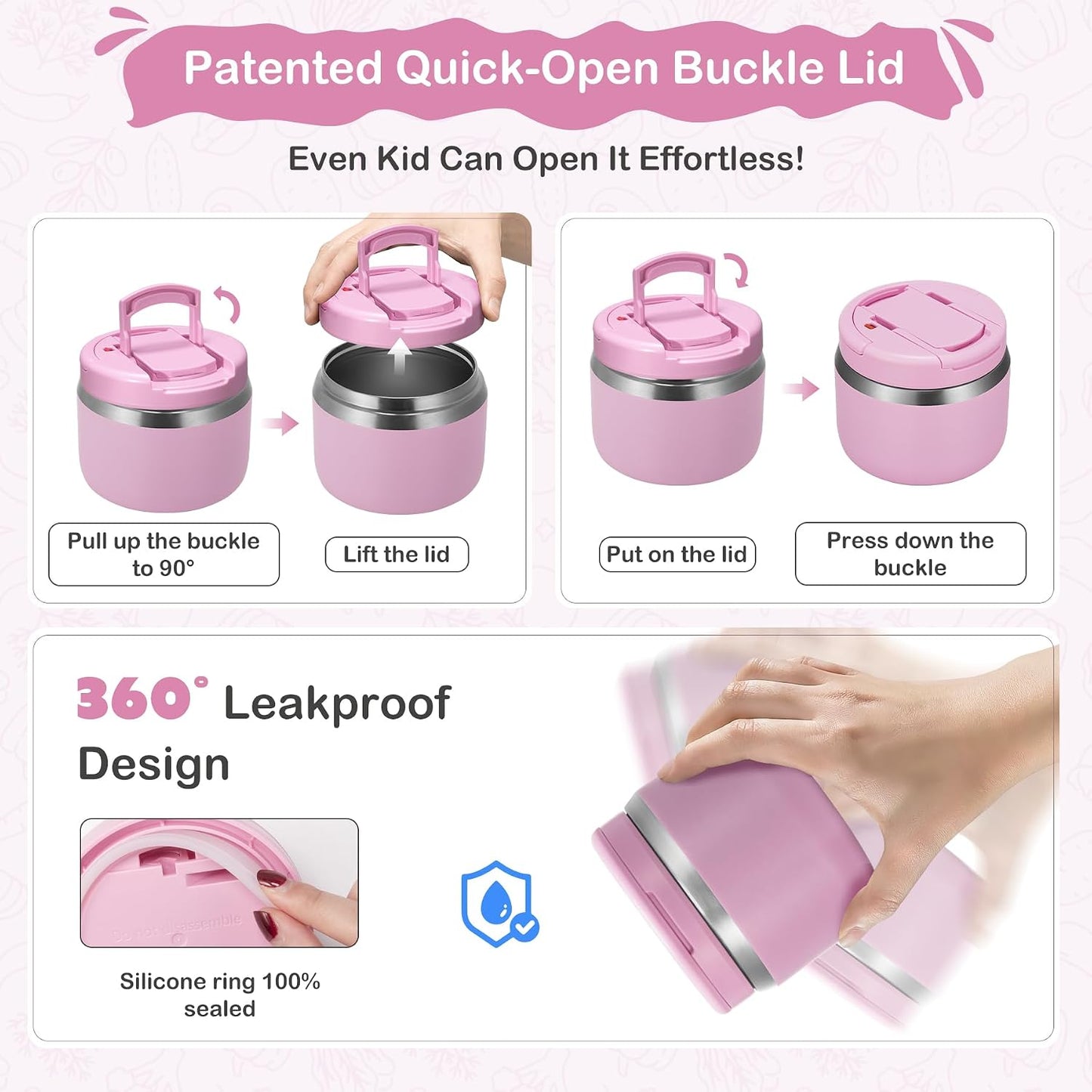 14oz Vacuum Insulated Food Jar with Spoon Buckle Lid, Kids Soup Thermo for Hot Food Wide Mouth Leakproof Stainless Steel Lunch Container - Pink