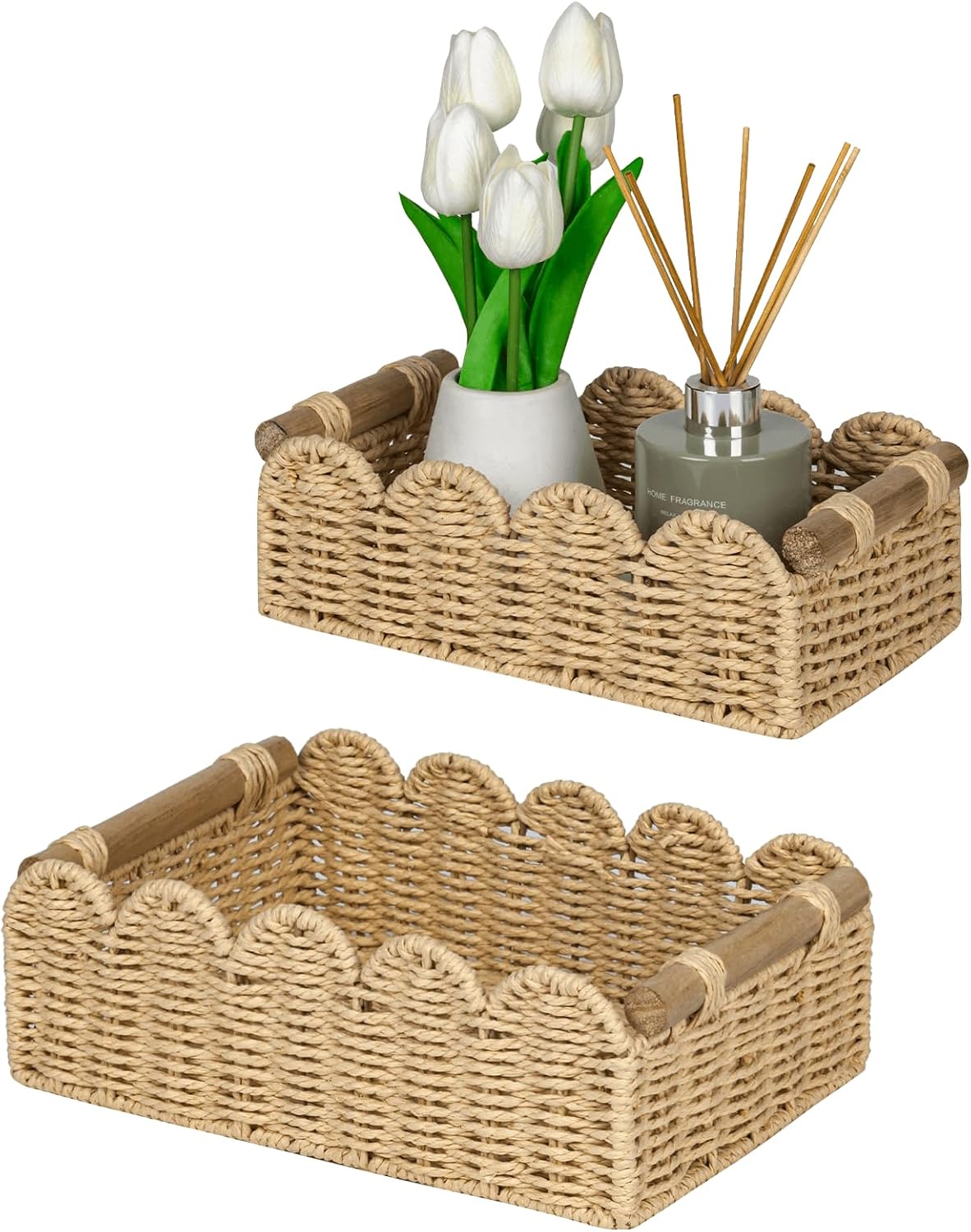 CubesLand Scalloped Toilet Paper Storage Basket for Over Toilet Shelves | Decorative Wicker Organizer Basket Perfect for Home Countertop Storage, Small Basket, Living Room Shelf Decor, Beige