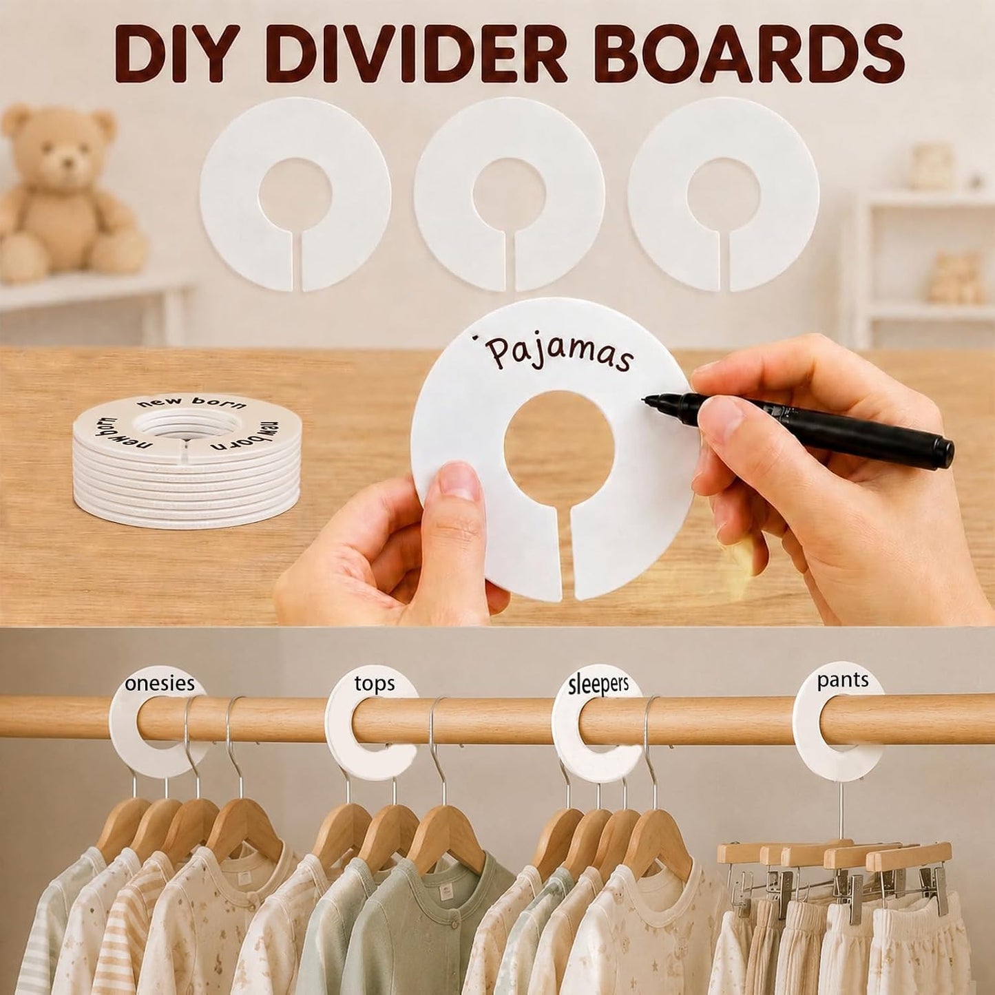 12 Pcs Baby Closet Dividers, Double-Sided Baby Size Closet Dividers | Nursery Organizer for Baby Clothes 0-24 Months, Durable Clothing Size Rack Dividers with 4 Blank for DIY, Fits Most Rods