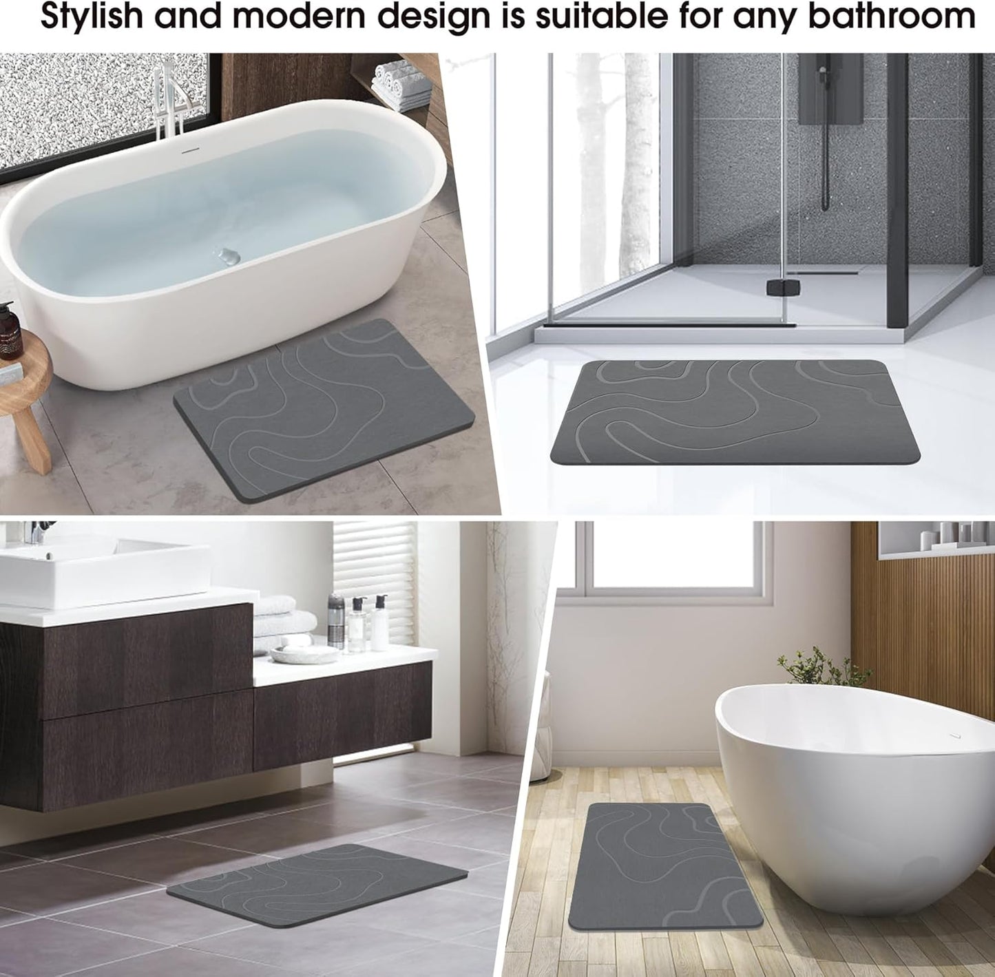 ZIKIBL Stone Bath Mat Diatomaceous Earth Shower Mat Non-Slip Super Absorbent Diatomite Stone Mats for Bathroom Floor Quick-Drying Easy to Clean (24''*16'' Grey)