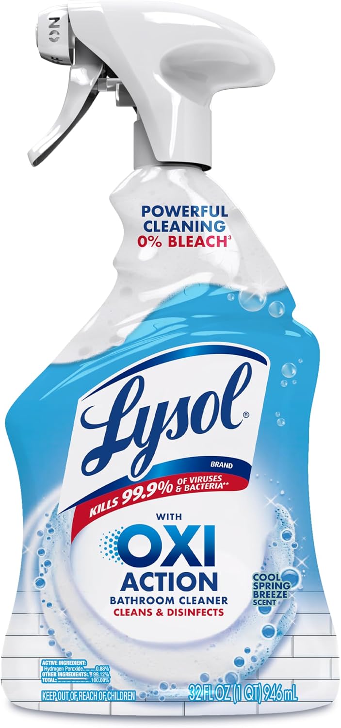 LYSOL Bathroom Cleaner Spray with OXI Action (Hydrogen Peroxide), 0% Bleach Formula, Multipurpose Disinfecting Cleaner for Tub, Tile & Shower, Removes Soap Scum & Limescale, Spring Breeze Scent, 32oz