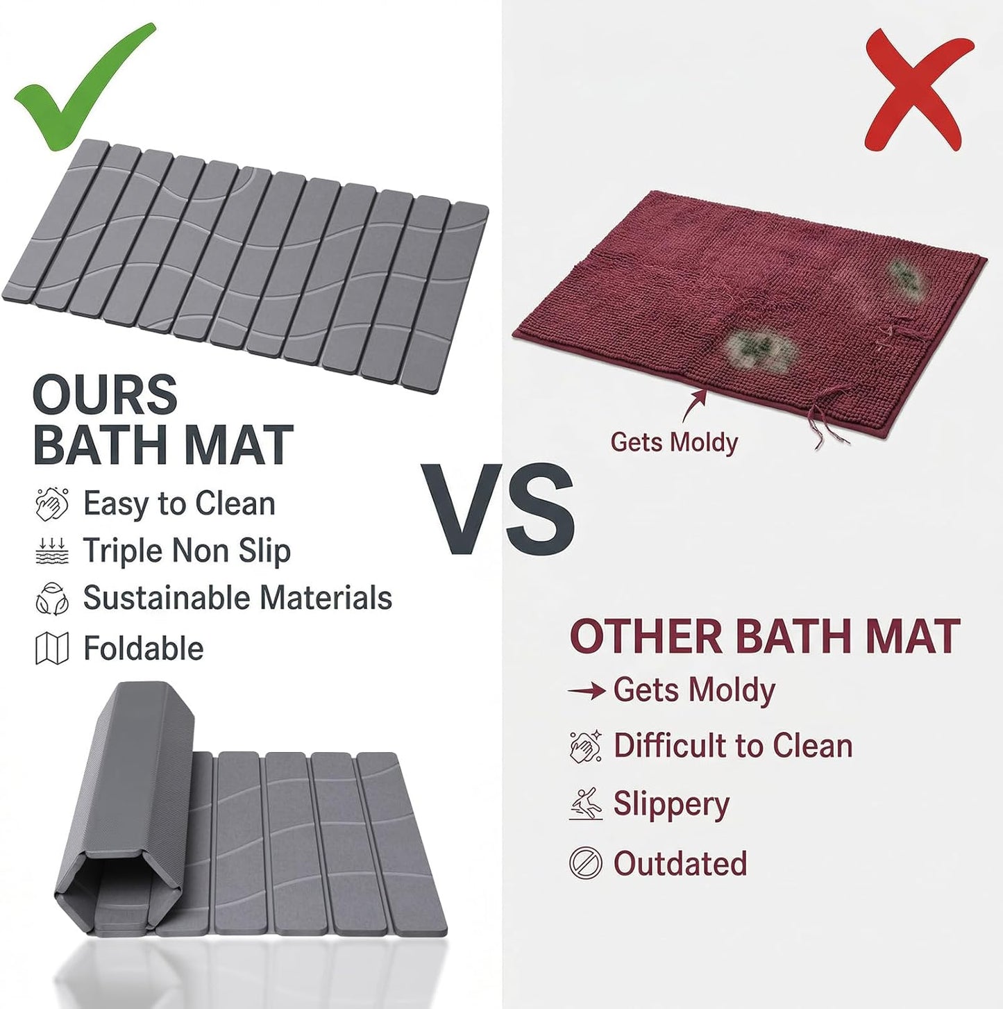Foldable Stone Bath Mat, Non Slip Large Diatomaceous Shower Mat, Super Absorbent Quick Drying Stone Mat for Bathroom Kitchen Floor Counter Sink,Easy to Clean & Store (32" x 16" Dark Gray)