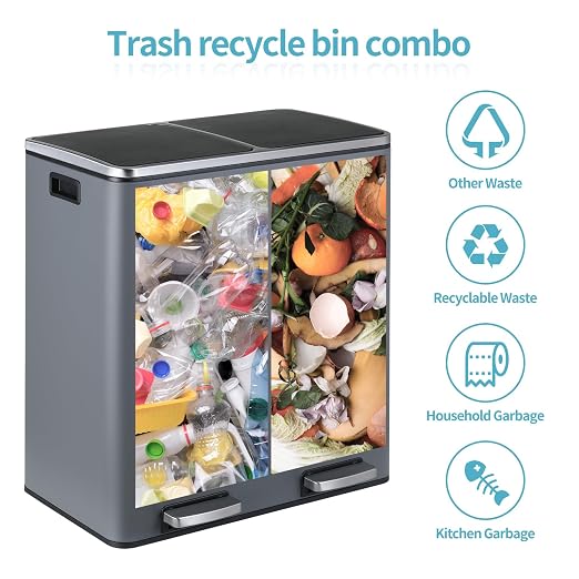 16 Gallon Rectangular Stainless Steel Trash Can, Dual Compartment Garbage Bin - Image 4