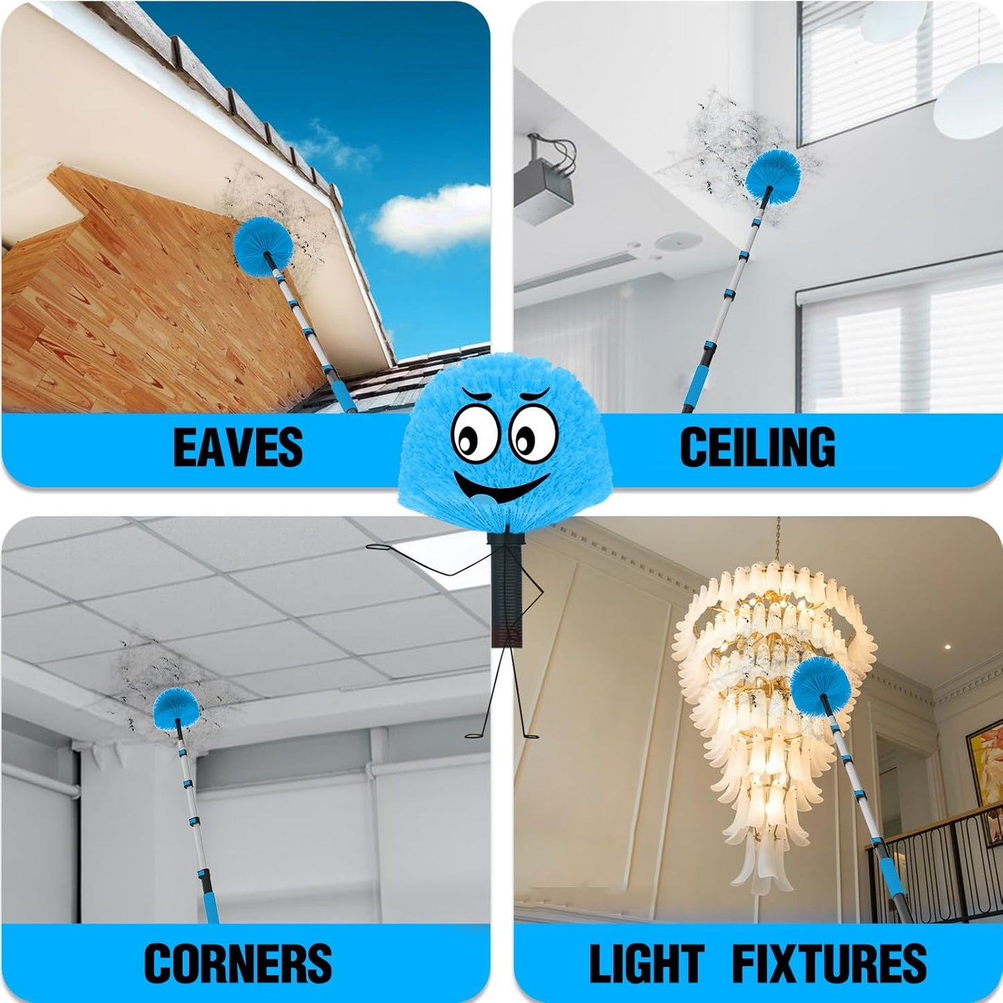 26FT Reach Cobweb Duster with Extension Pole - Spider Web Brush for Cleaning with 5-20FT 4-Section Flip-Lock Telescopic Pole, Effortlessly Cleans High Indoor & Outdoor Webs