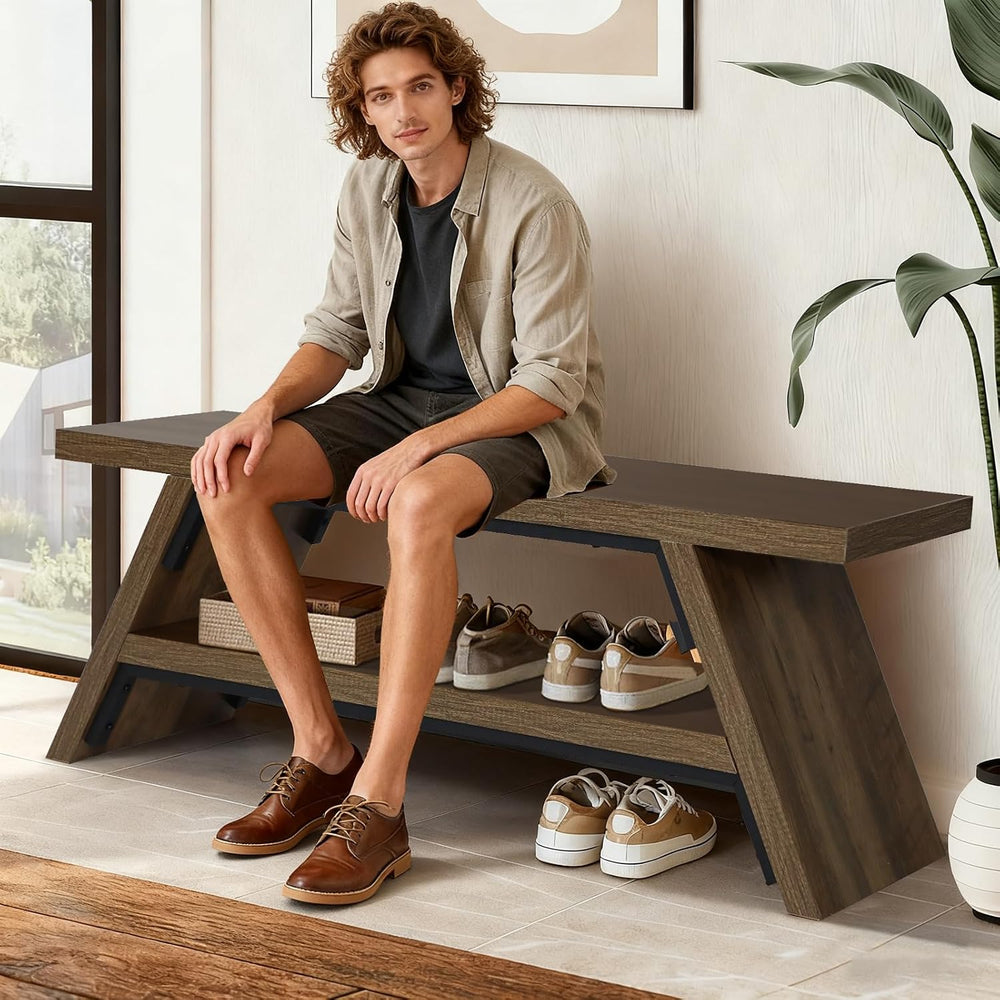 2-Tier Shoe Storage Bench, Solid Wood Entryway Stool Storage