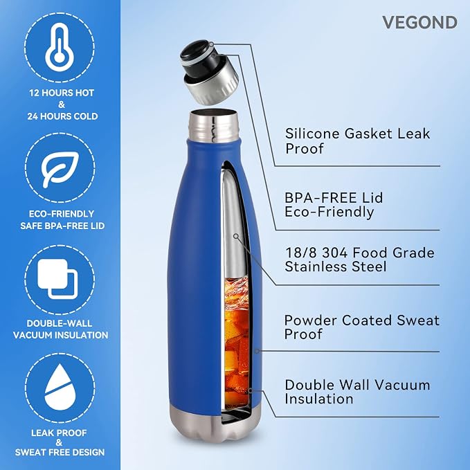 VEGOND 17oz Stainless Steel Water Bottles, Reusable Metal Sports Water Bottle - Image 2