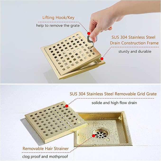 RANDOM Brushed Gold Shower Drain Square 6 Inch Shower Floor Drain - Image 3