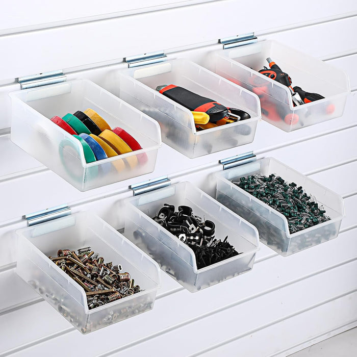 Briwooody 6 Pack Slatwall Bins with Hooks Set, Slatwall Organizer Containers Wall Mounted Storage Bins for Organizing Accessories Tools Storage Office Workshop Garage Workbench(Transparent)