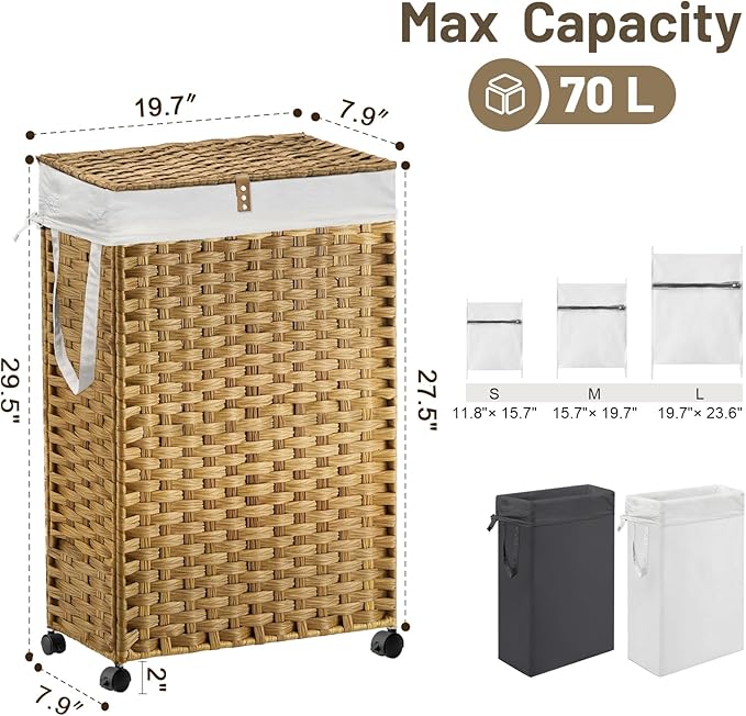 70L Slim Laundry Hamper with Lid & Wheels, 2-Park Rolling Laundry Basket with 4 - Image 4