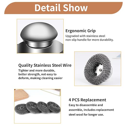 5Pcs Steel Wool Scrubber with Replacement Wire Sponge Pads Set, Stainless Steel - Image 2