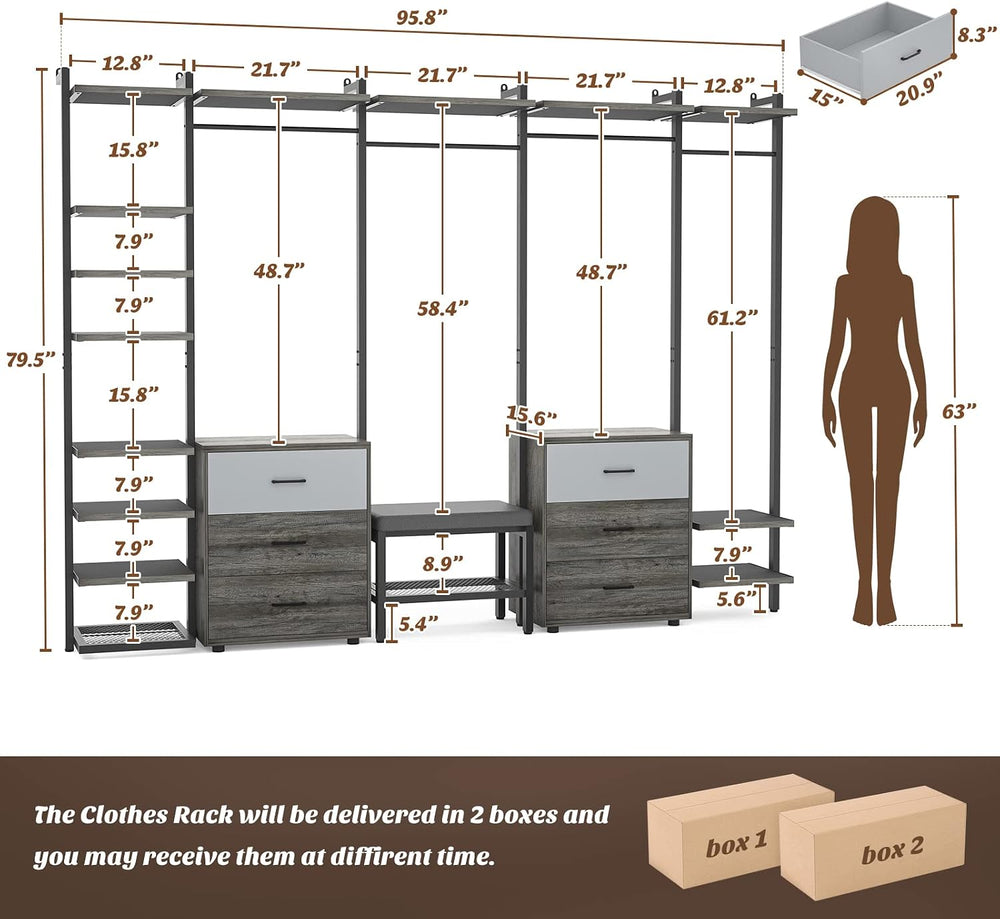 Aheaplus Wall Mounted Closet System, Closet Organizer with 6-Drawers & Rods
