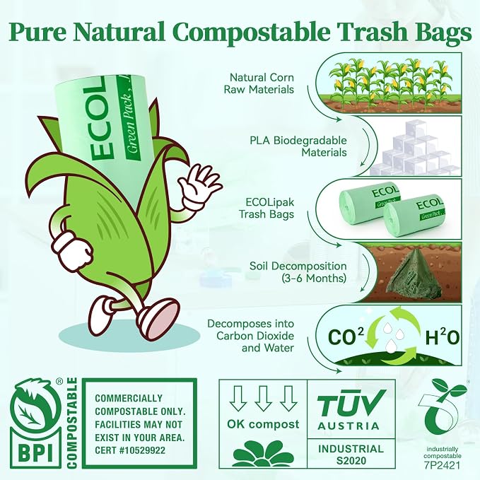 ECOLipak 13 Gallon Compostable Trash Garbage Bags, US BPI ASTM D6400 and OK - Image 3