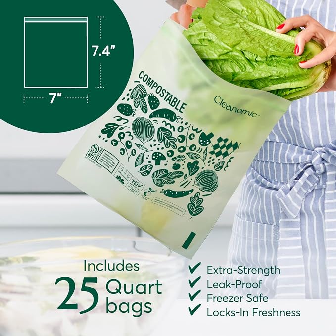 Cleanomic Compostable* Quart Size Food Storage Bags Freezer and Leak Proof - Image 3