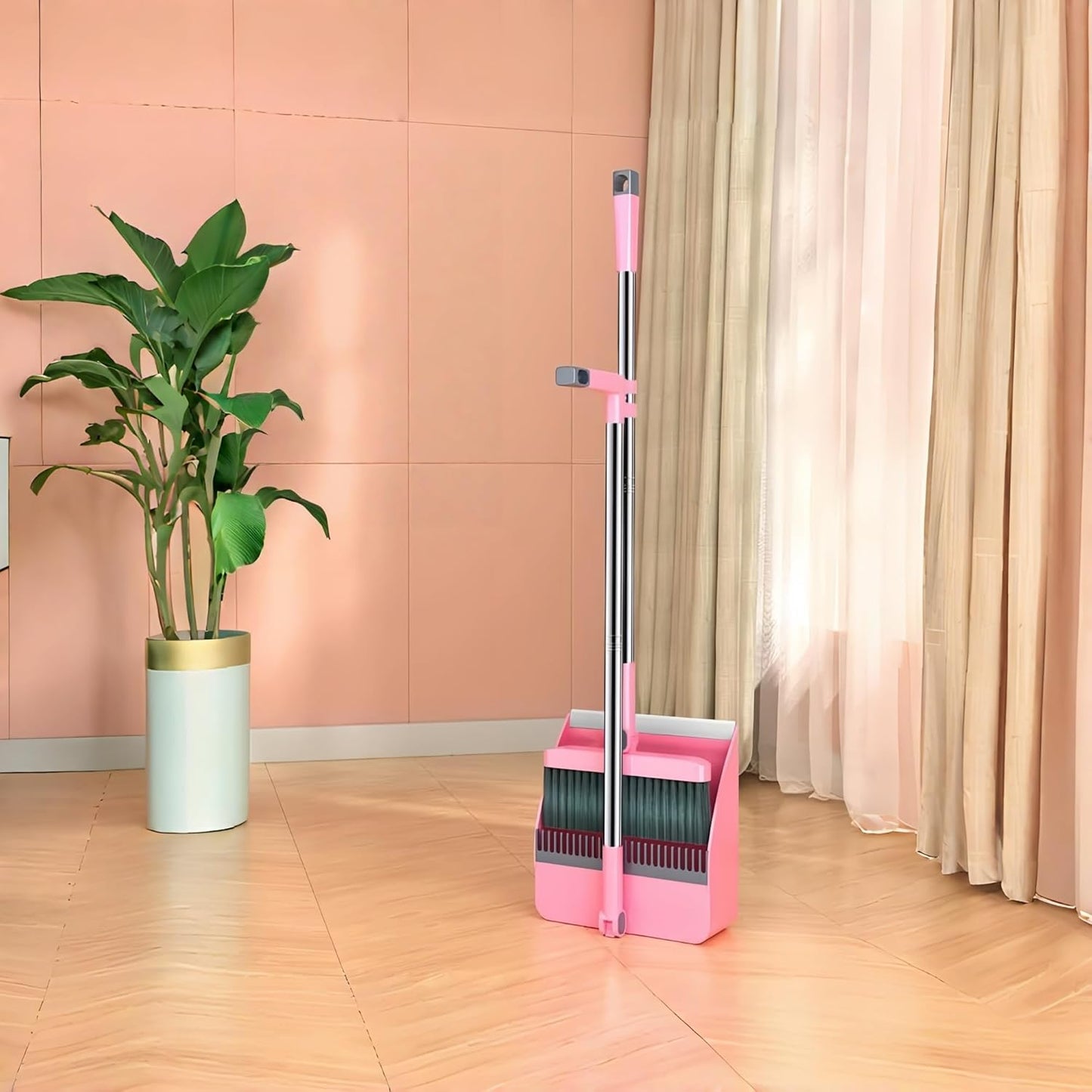 2-in-1 Broom with Dustpan Combo Set,Long Handle Broom Dustpan Combo with Dustpan Teeth to Automatically Clean Hair for Home, Indoor or Outdoor Cleaning Hall Floor (Pink)