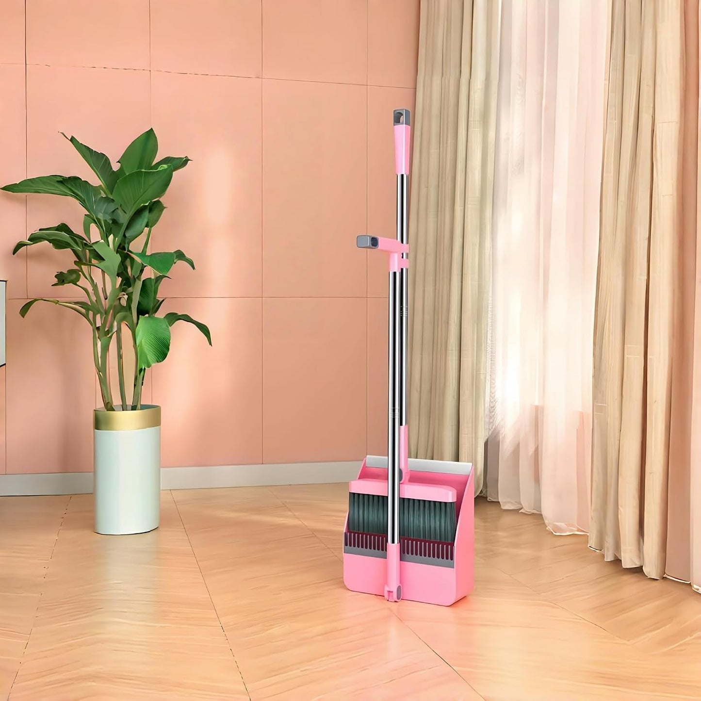 2-in-1 Broom with Dustpan Combo Set,Long Handle Broom Dustpan Combo with Dustpan Teeth to Automatically Clean Hair for Home, Indoor or Outdoor Cleaning Hall Floor (Pink)