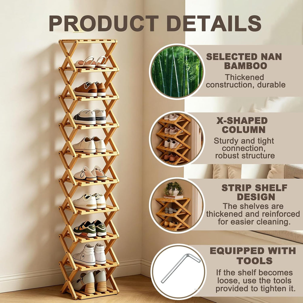 10 Tier Bamboo Shoe Rack, Foldable 10 Tier Bamboo Corner Shoe Rack,Small Shoe...