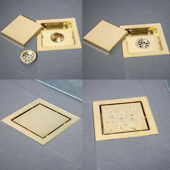 RANDOM Brushed Gold Shower Drain Square 6 inch SUS304 Stainless Steel Shower - Image 4