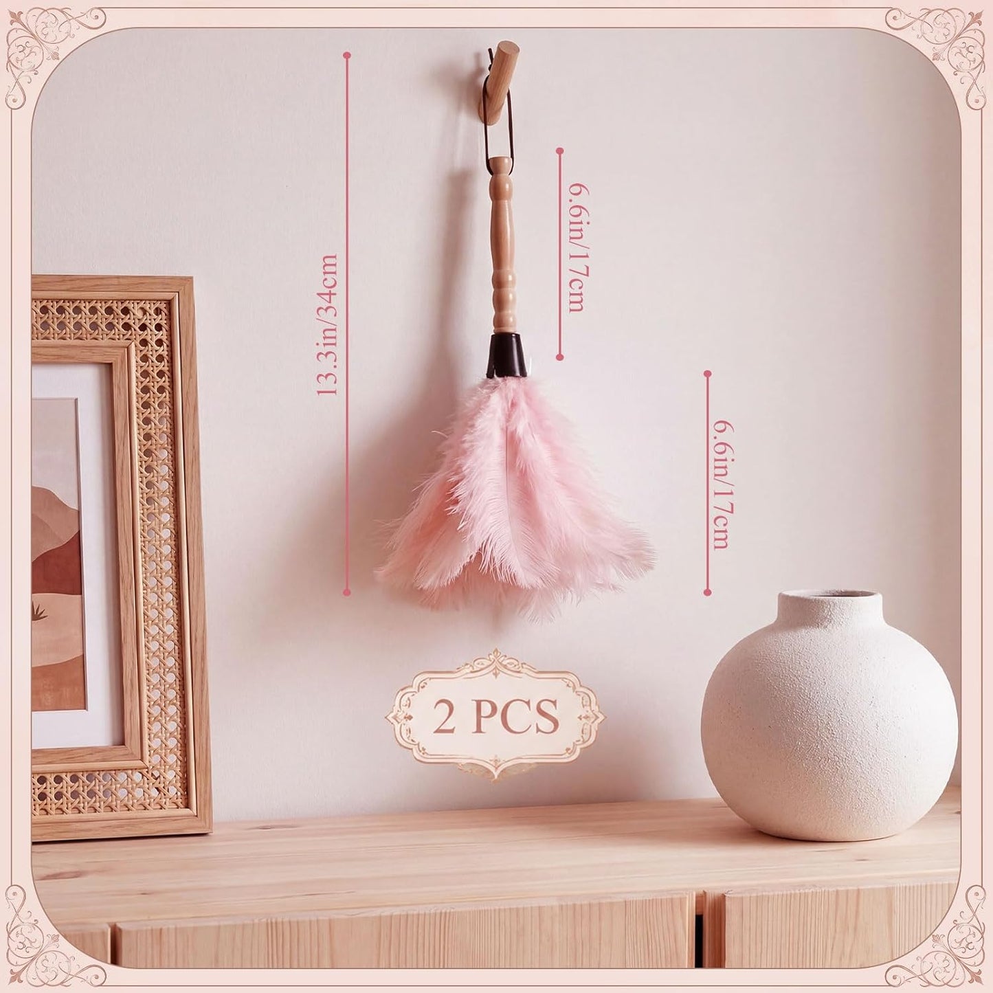 Hushee 2 Pcs 13.3" Pink Ostrich Feather Duster for Cleaning with Solid Wooden Handle Natural Feather Hang Strap Reusable Household Duster for Cleaning Supplies, Ceiling Fan, Crafts, Blinds, Furniture