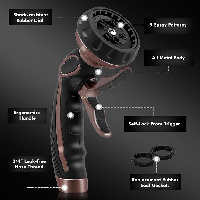 RESTMO Hose Nozzle with Easy Self-Lock Trigger, Heavy Duty Metal Water Hose - Image 3