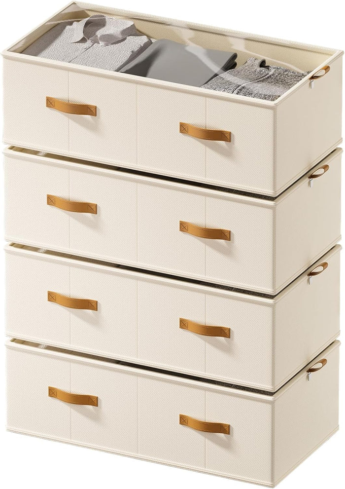 FHSQX 4 Pack Under Bed Storage Bins,10 Inch Tall,Beige, 31.5x15.8x10 inch