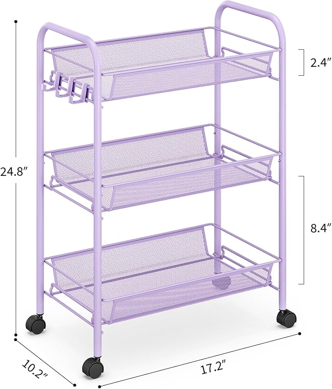 TOOLF 3-Tier Metal Rolling Cart, Mesh Wire Easy Assemble Utility Cart, Storage - Image 9