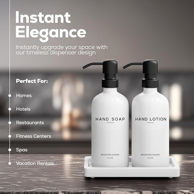 White Glass Soap and Lotion Dispenser Set - Image 2