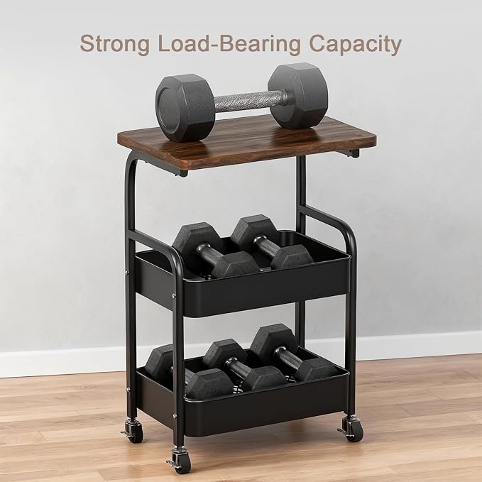 Rolling Cart with Wooden Tabletop 3-Tier Metal Utility Rolling Cart Storage - Image 7