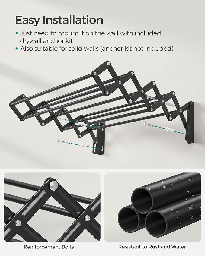 SONGMICS Clothes Drying Rack, Wall-Mounted Drying Rack Clothing, Small - Image 7