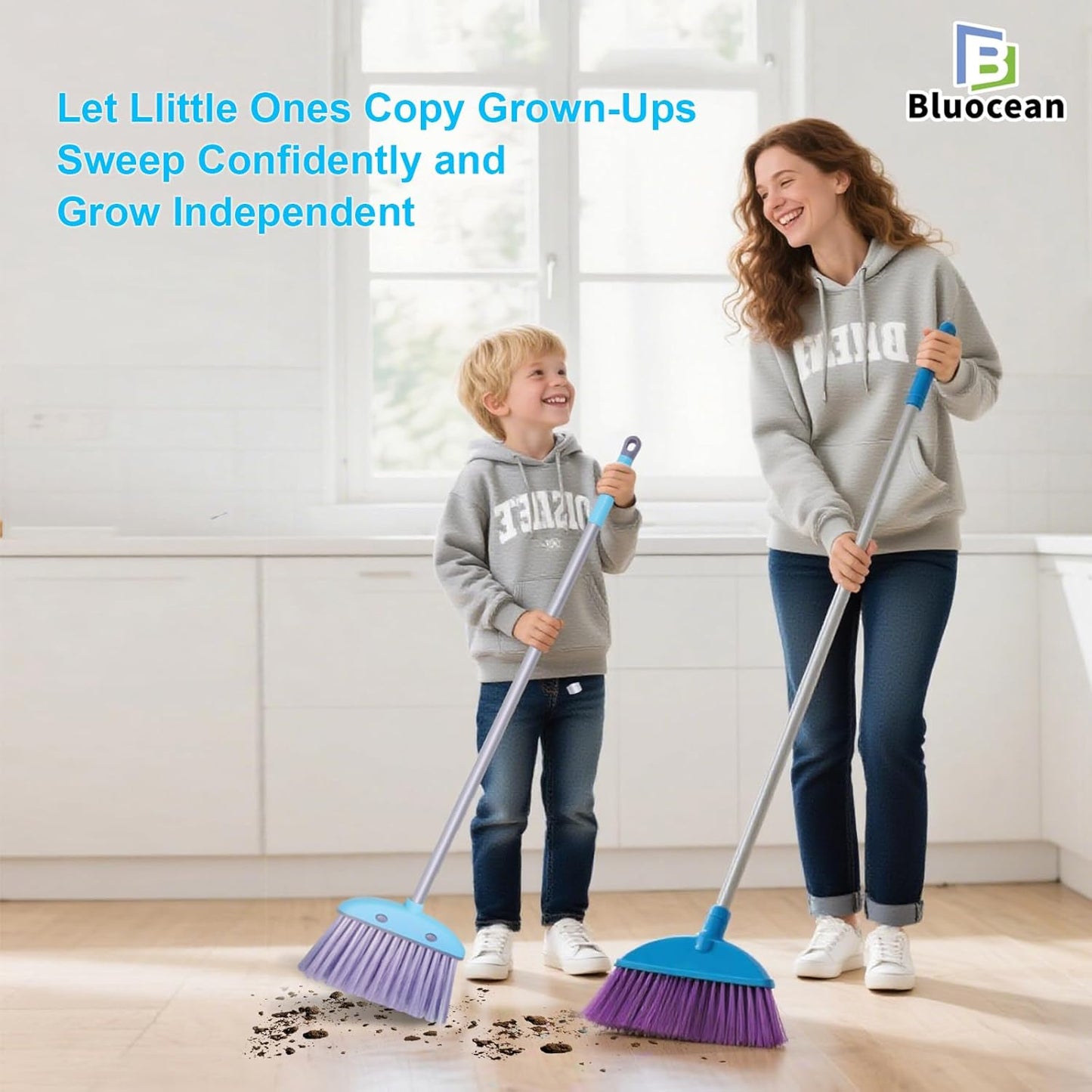 28'' Kids Mini Broom and Dustpan Set - Toddler Cleaning Toy, Toddler Household Helper, Parent-Child Interactive Play Cleaning Tool, Cute Cartoon Design, Small Safe Corner Broom (Blue)