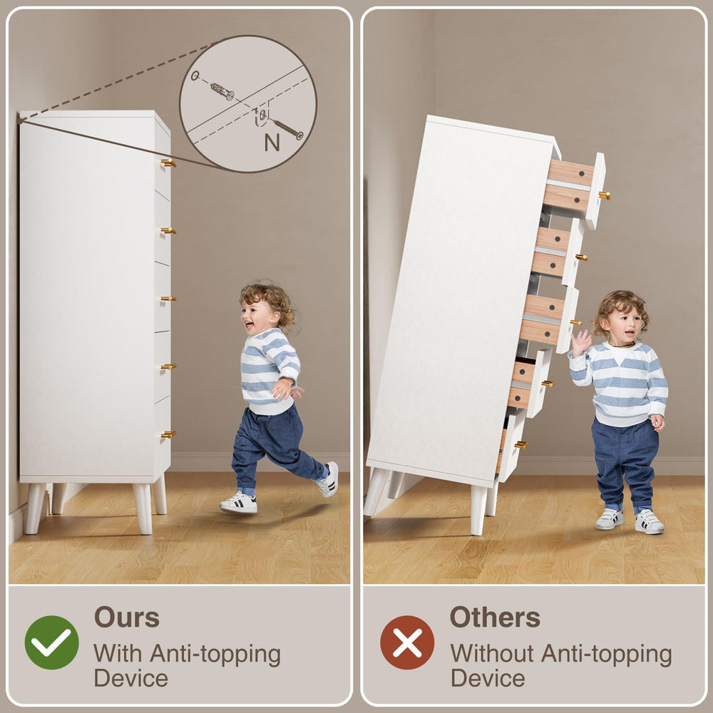 Aiho 5 Drawer Dresser, Tall Dresser, White