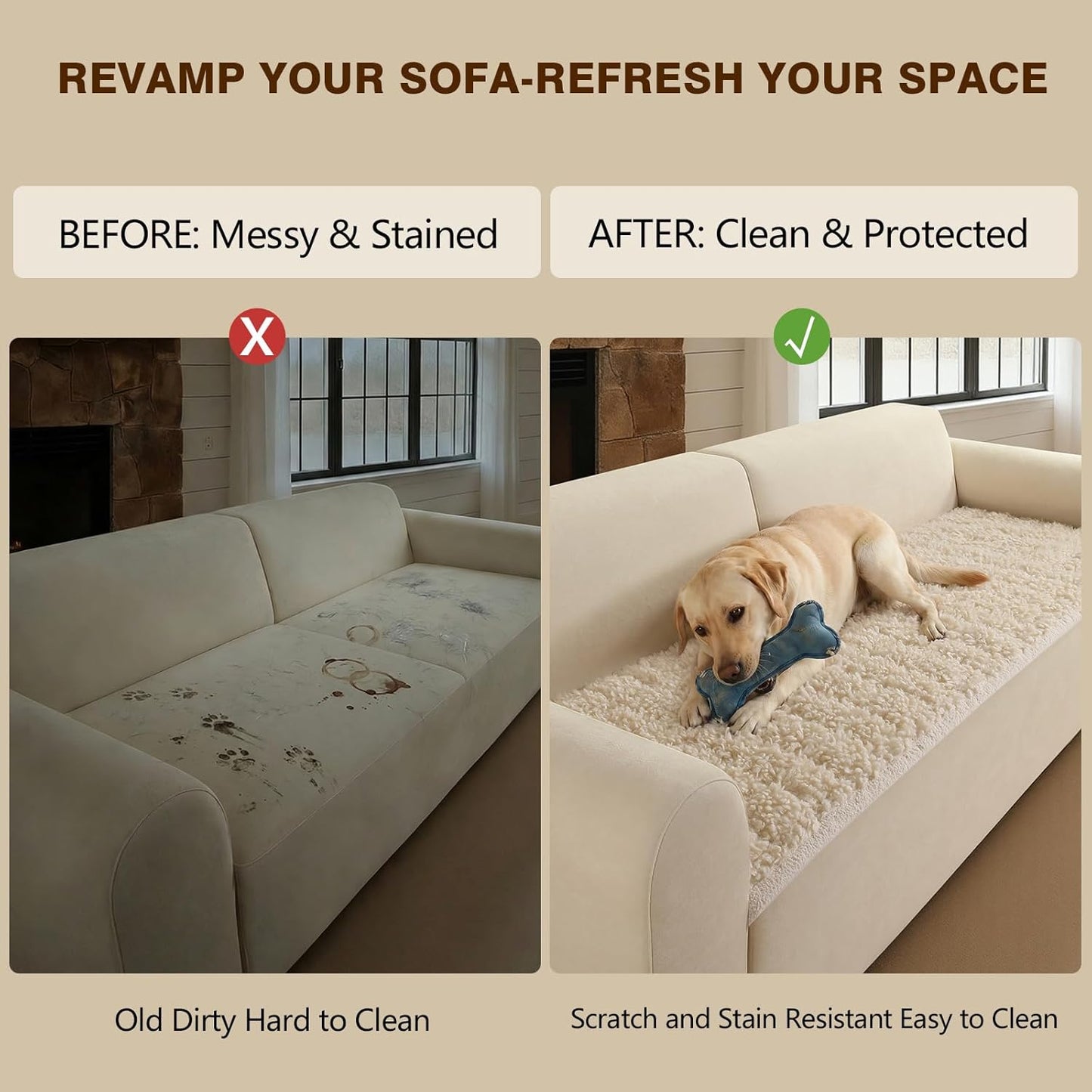 OHSIO Couch Cover for Pets, Washable Non-Slip Sofa Cover Pet Friendly, Soft Fuzzy Teddy Fleece Sofa Slipcover for 2 Cushion Sofa Furniture Protector (Ivory, 27.6" x 59")