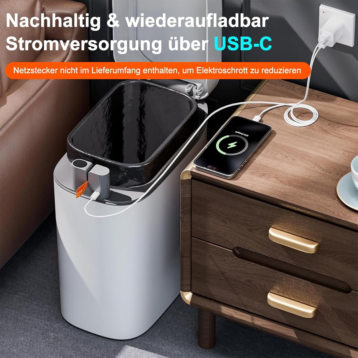 CTIME 3.5 Gallons Smart Automatic Sensor Rechargeable Trash Can with Lid | Non-contact automatic sensing, automatic bagging, pet-proof, slim and waterproof,for bathrooms, offices, kitchens, bedrooms.