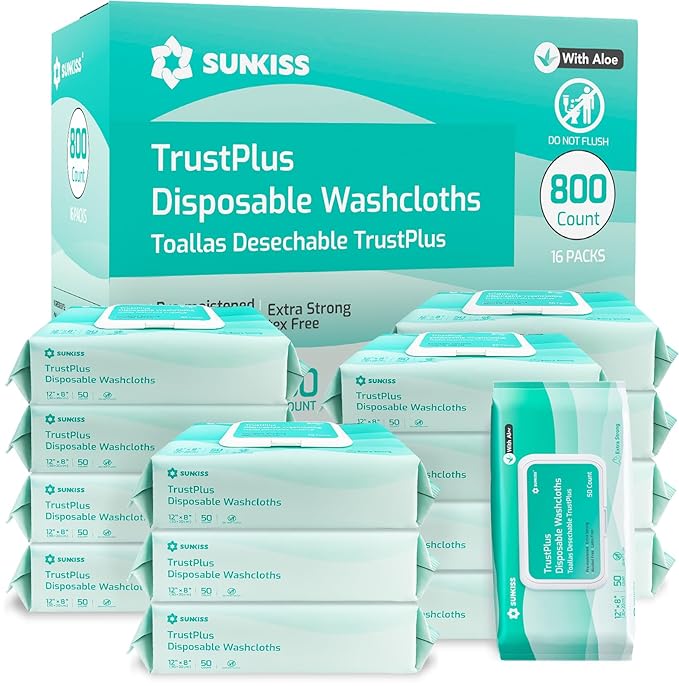 SUNKISS Trustplus Wet Wipes for Adult No Rinse, Extra Large 8”x12” Body by SUNKISS