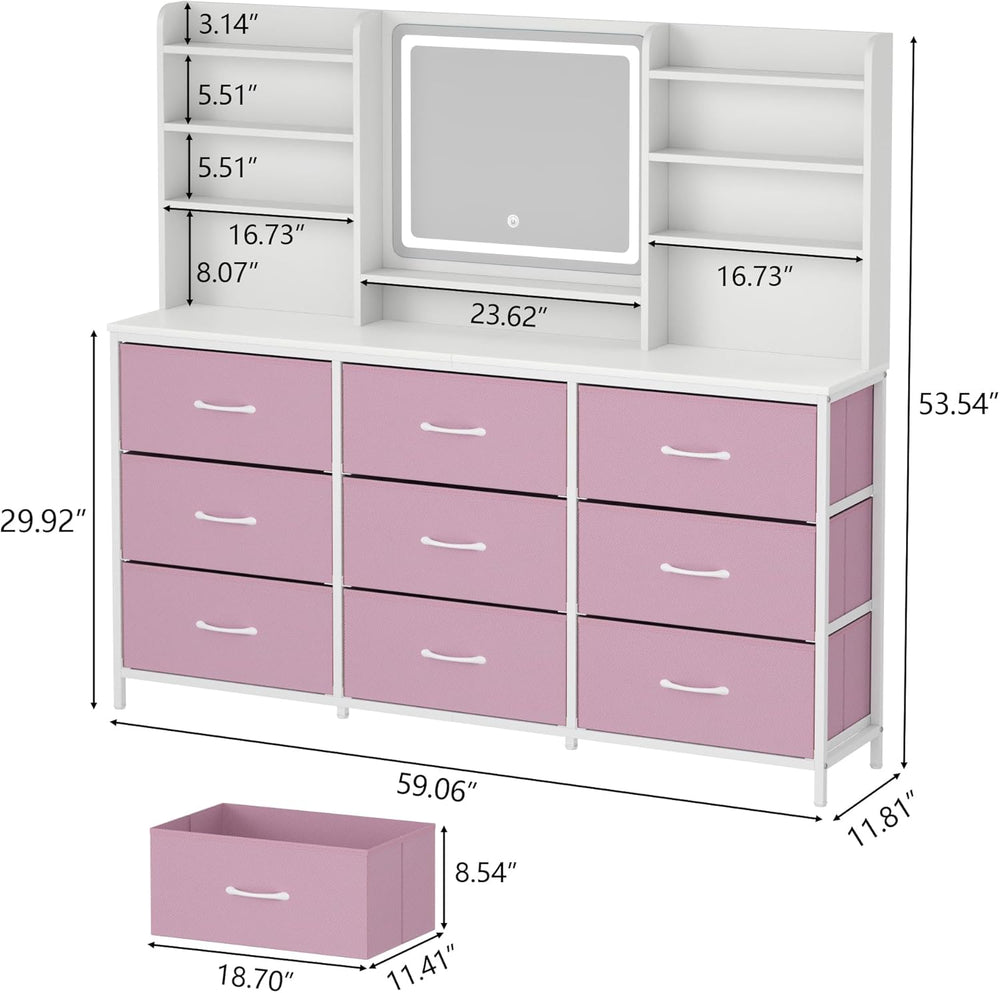 9 Drawers Dresser with LED Mirror for Bedroom, 59" W Chest of Drawers