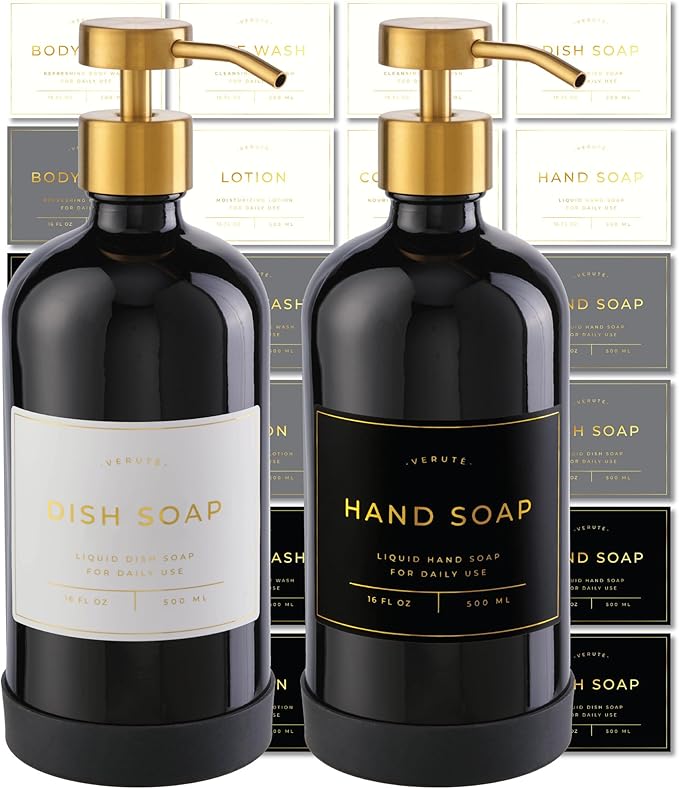 16oz Glass Soap Dispenser with Stainless Steel Pump, 21 Waterproof Labels by Verute