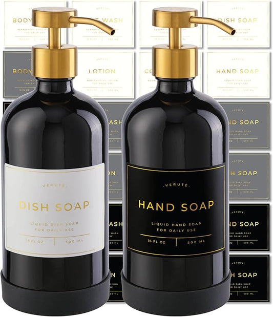 16oz Glass Soap Dispenser with Stainless Steel Pump, 21 Waterproof Labels by Verute