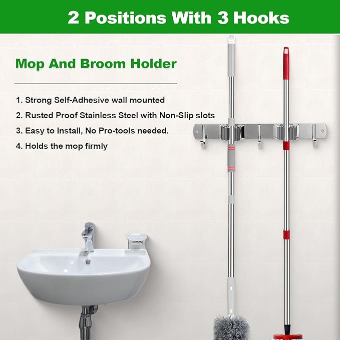 voze 2 Racks and 3 Hooks Mop and Broom Holder Wall Mount, Self Adhesive Heavy - Image 3