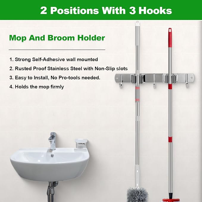 voze 2 Racks and 3 Hooks Mop and Broom Holder Wall Mount, Self Adhesive Heavy - Image 2
