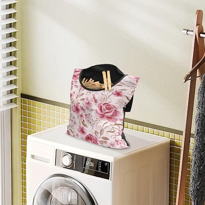 Pink Flowers Clothespin Bag Laundry Hanging Storage Organizer Clothes Pin - Image 3