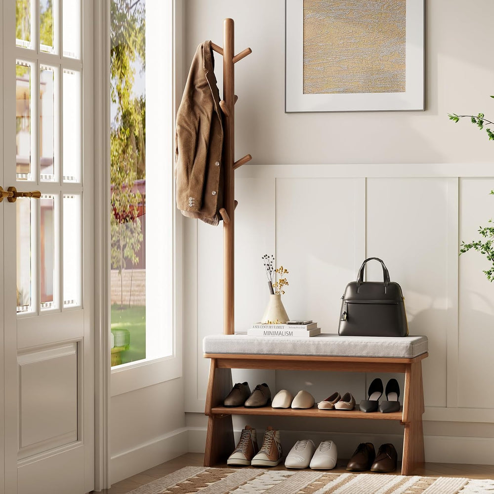 Coat Rack with Shoe Storage, Shoe Rack with 8 Hook, Walnut