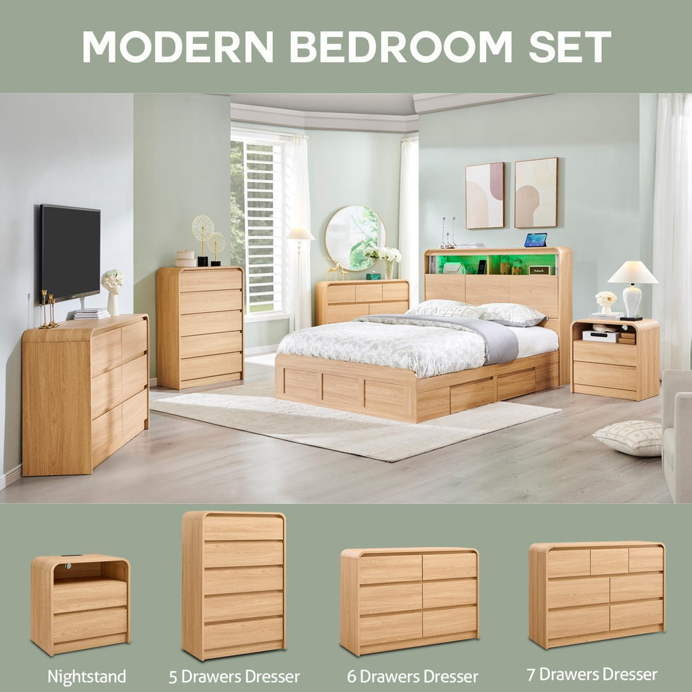 Aitjunz Modern 5 Drawers Dresser for Bedroom, 45" Tall Dresser, Natural Oak