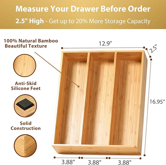 Umilife Bamboo Kitchen Utensils Organizer, 13 Inch Drawer Dividers - Image 2