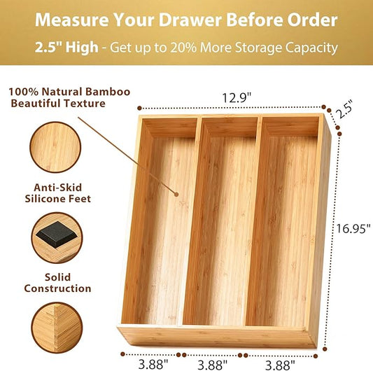 Umilife Bamboo Kitchen Utensils Organizer, 13 Inch Drawer Dividers - Image 2