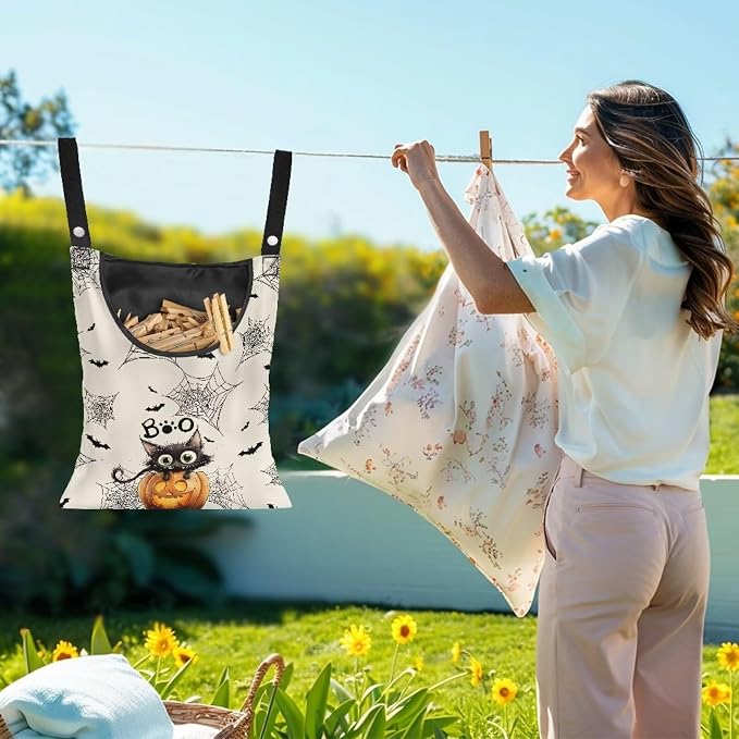 Cute Cat Space-Saving Laundry Clothespin Bag Pumpkin Waterproof Polyester - Image 2