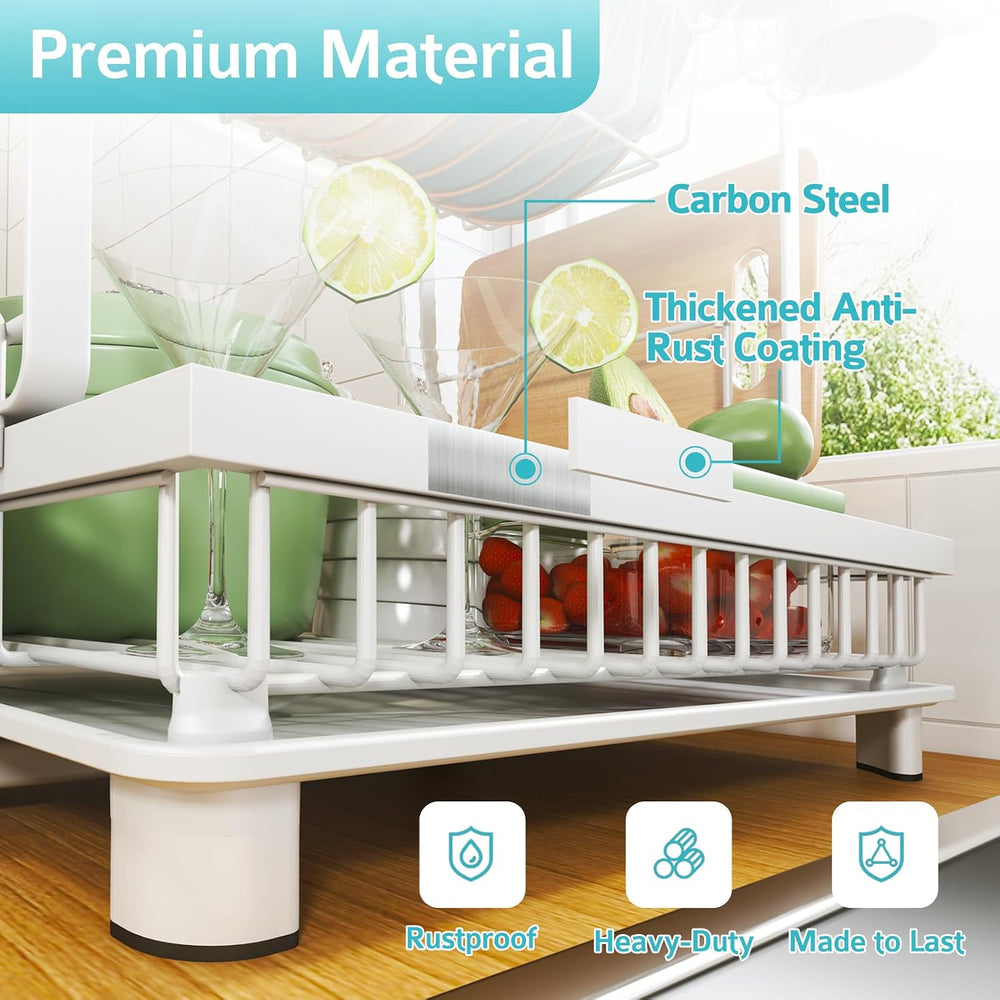 2-Tier Dish Drying Rack for Kitchen Counter, Space-Saving, White