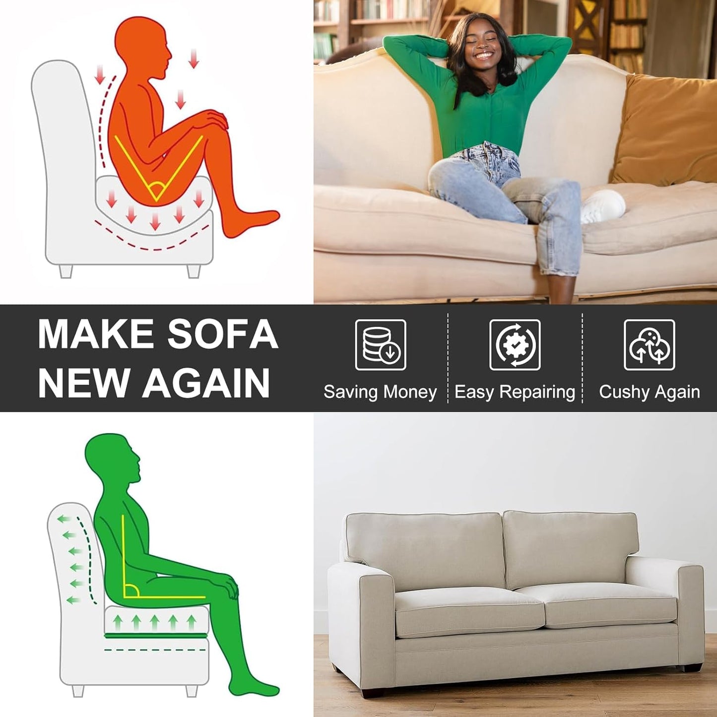 Couch Cushion Support High Density Foam 24X24X2.4 Inches Sofa Couch Supports for Sagging Cushions Light Grey 3Pc with Anti Slip Mesh Fabric