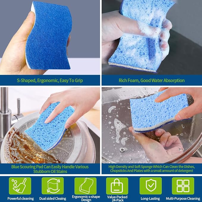 Blue Wood Pulp Sponges 12Pack Non-Scratch Cellulose Scrub Sponge, Dual-Sided - Image 2